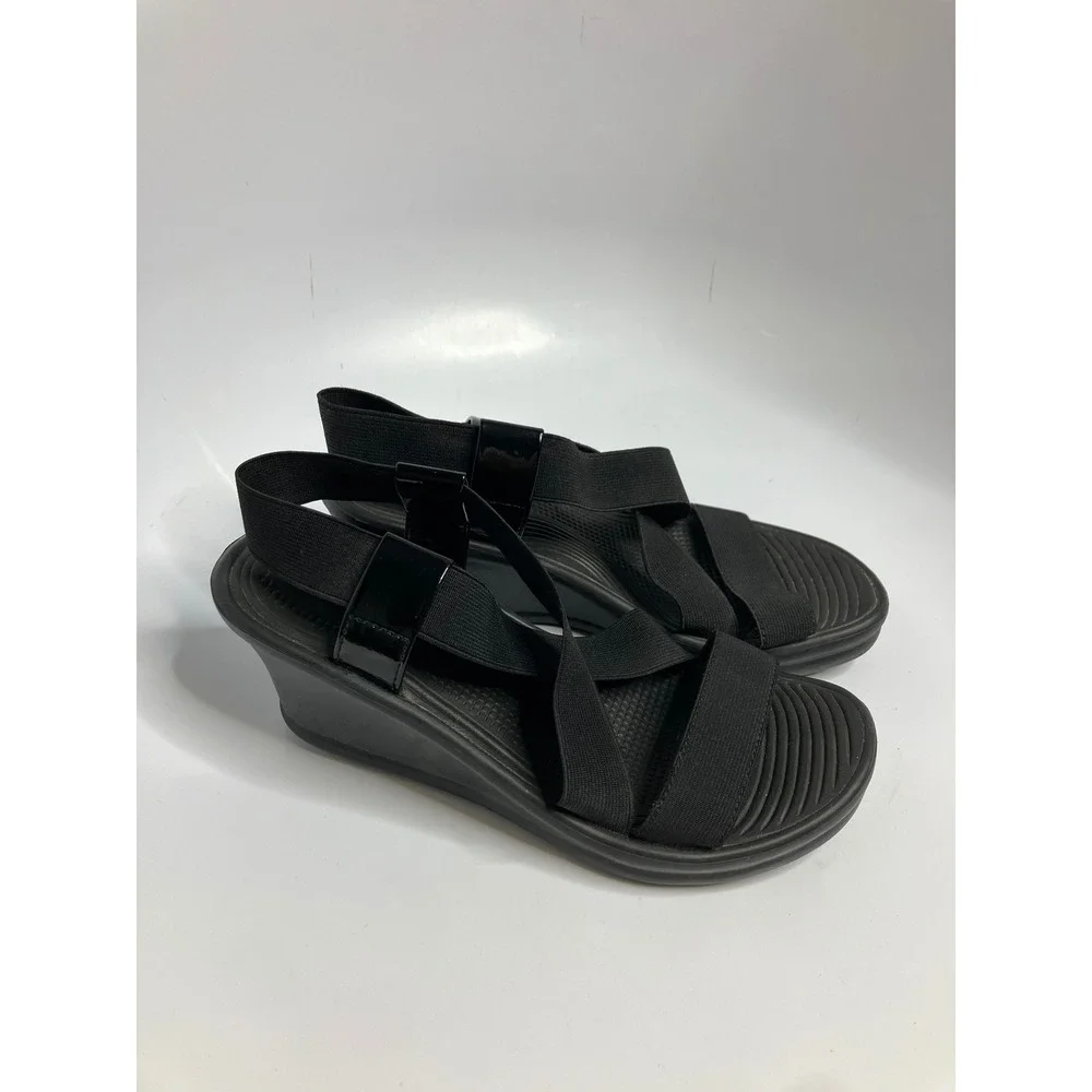 Skechers Wedge Sandals Womens 6 Black Excellent Elastic Straps Patent Trim